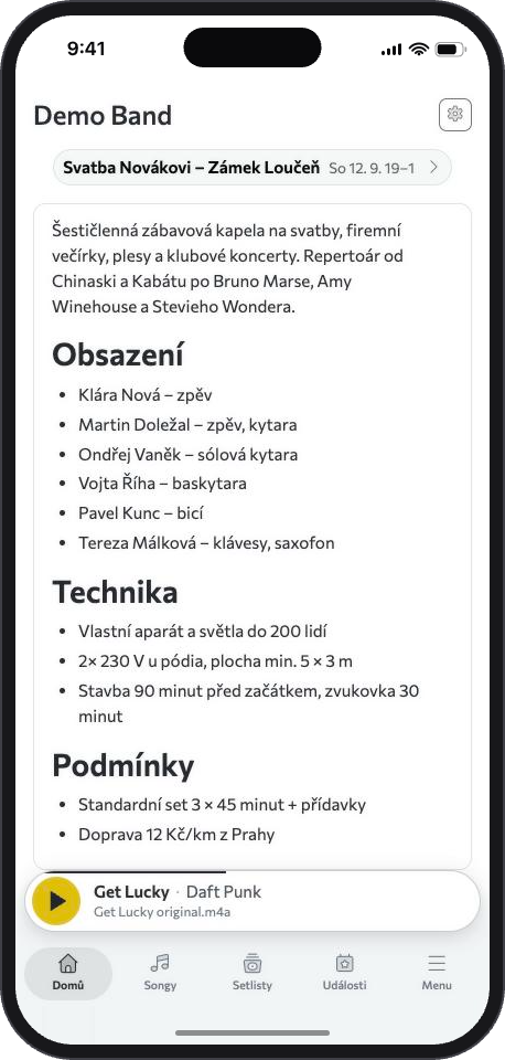 Přehled projektu Demo Band: nejbližší akce, obsazení kapely, technika a podmínky, dole přehrávač.