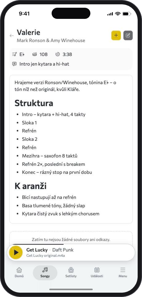Detail songu Valerie: tónina E♭, 108 BPM, 3:38, poznámka Intro jen kytara a hi-hat a rozepsaná struktura aranže.