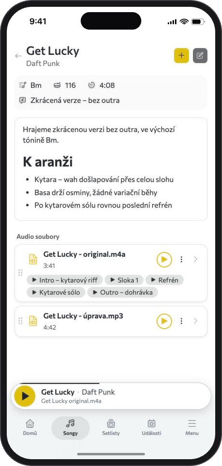 Song Get Lucky se dvěma audio soubory a pojmenovanými úseky u originální nahrávky.