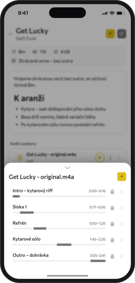 Seznam úseků nahrávky s jejich délkami.