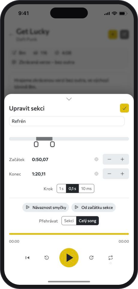 Úprava úseku Refrén: přesné nastavení začátku a konce a poslech návaznosti smyčky.