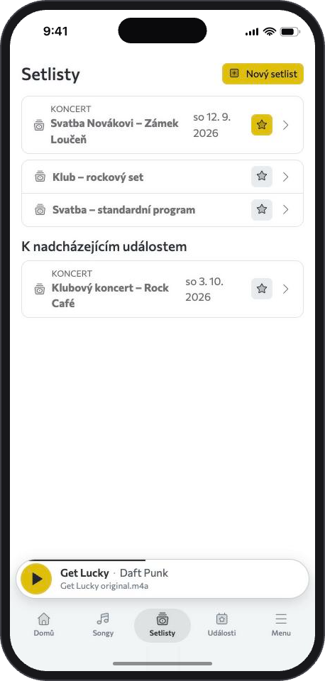 Seznam setlistů projektu s počtem songů a celkovou délkou.