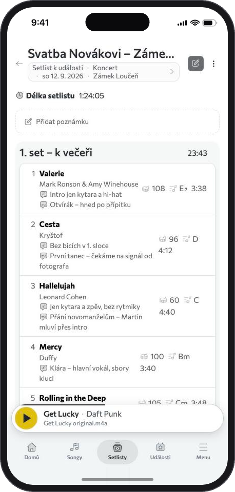 Detail setlistu: délka 1:24:05, první set k večeři, u songů tónina, tempo, délka a poznámky pro tento večer.