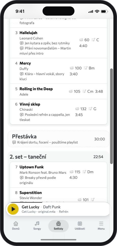 Přestávka 30 minut s poznámkou o krájení dortu a druhý taneční set.