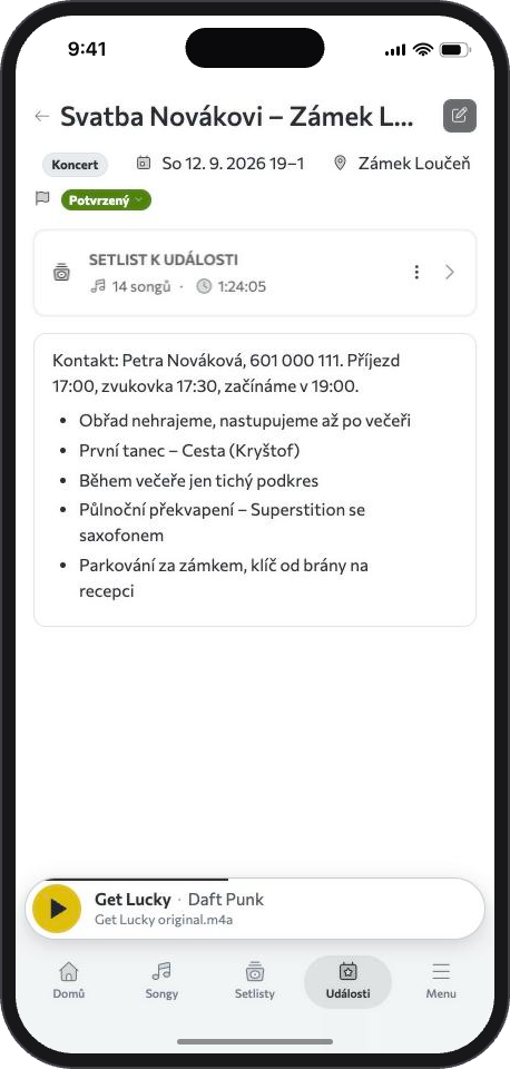 Detail koncertu Svatba Novákovi: stav Potvrzený, místo, čas, setlist k události a poznámky o příjezdu, zvukovce a parkování.
