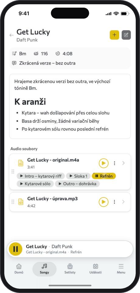 Detail songu Get Lucky: audio soubory a úseky Intro, Sloka 1, Refrén, Kytarové sólo, Outro. Refrén právě hraje.