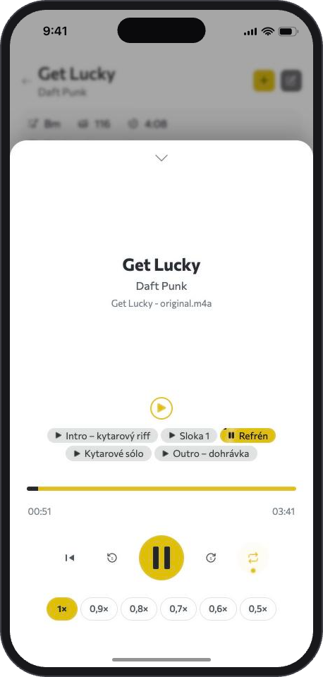 Přehrávač songu Get Lucky: úseky Intro, Sloka 1, Refrén, Kytarové sólo a Outro, posuvník, smyčka a volba rychlosti.